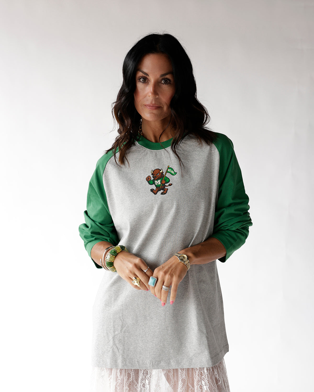 Gray and green raglan long sleeve tee with buffalo mascot graphic on chest