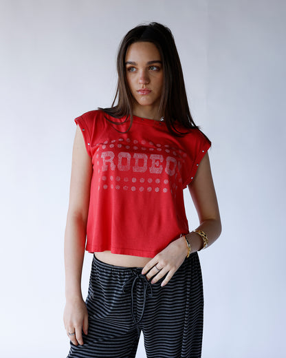red graphic "rodeo" muscle tee with stud detailing on sleeve hems and neckline 