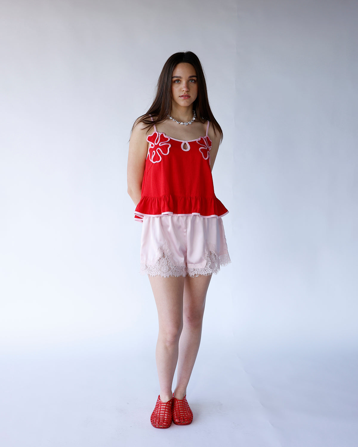 light pink lace trim satin shorts elastic waistband satin lace trim shorts