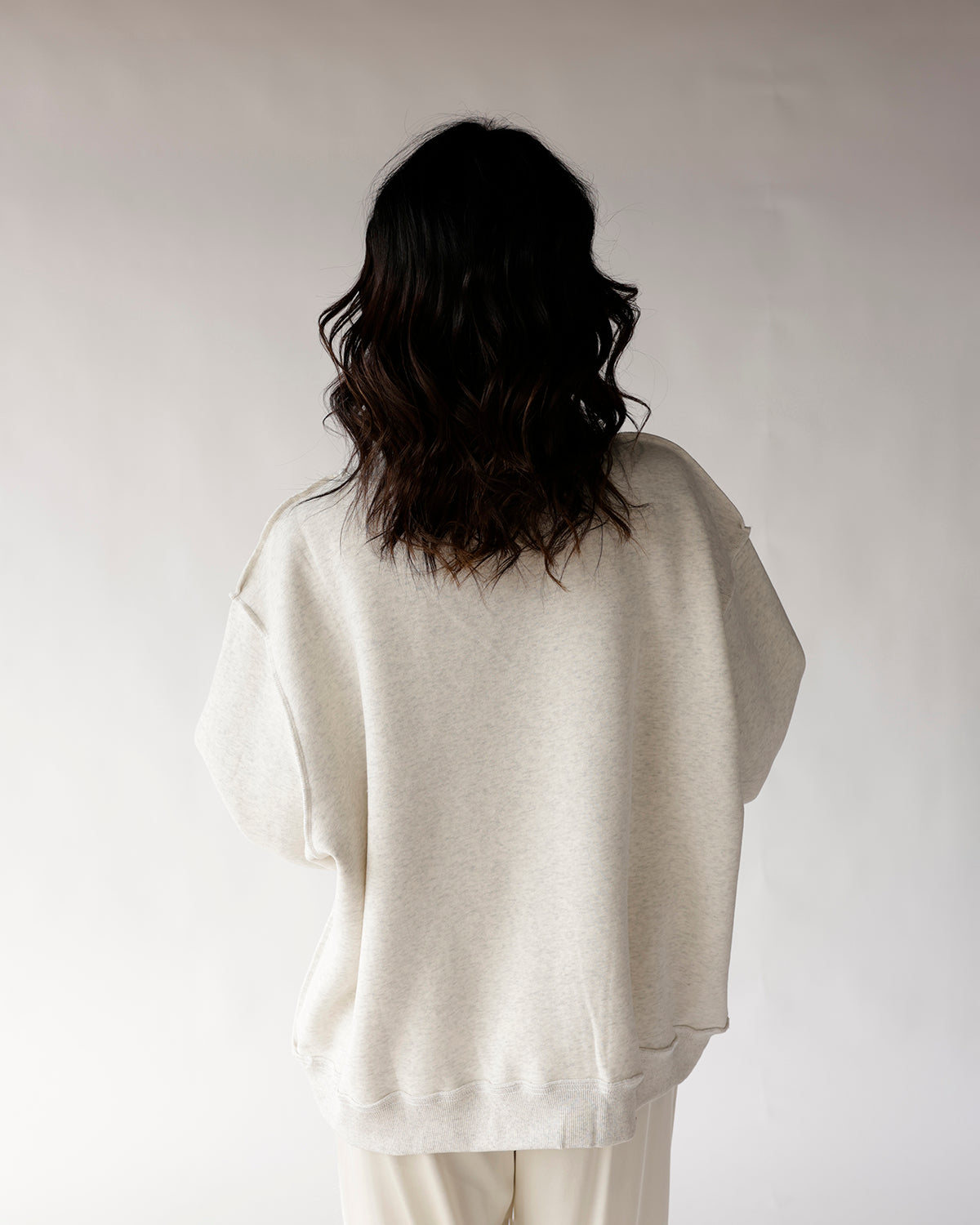 Oversized oatmeal heather mock neck sweatshirt with short sleeves, back view