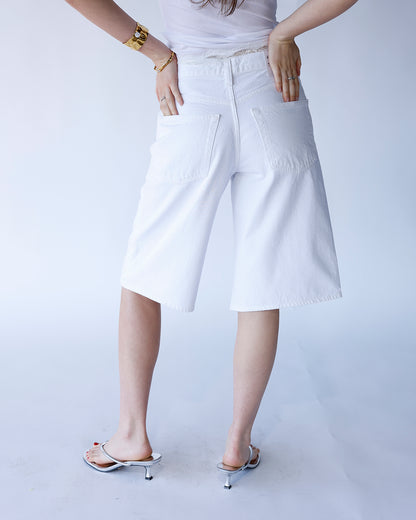AGOLDE Ramona white denim wide-leg shorts, back view, knee length, large pockets