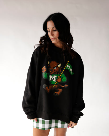 Black oversized mock neck sweatshirt with bison mascot graphic holding green flag