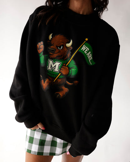 Black crewneck sweatshirt with bison mascot graphic holding green flag reading We Are