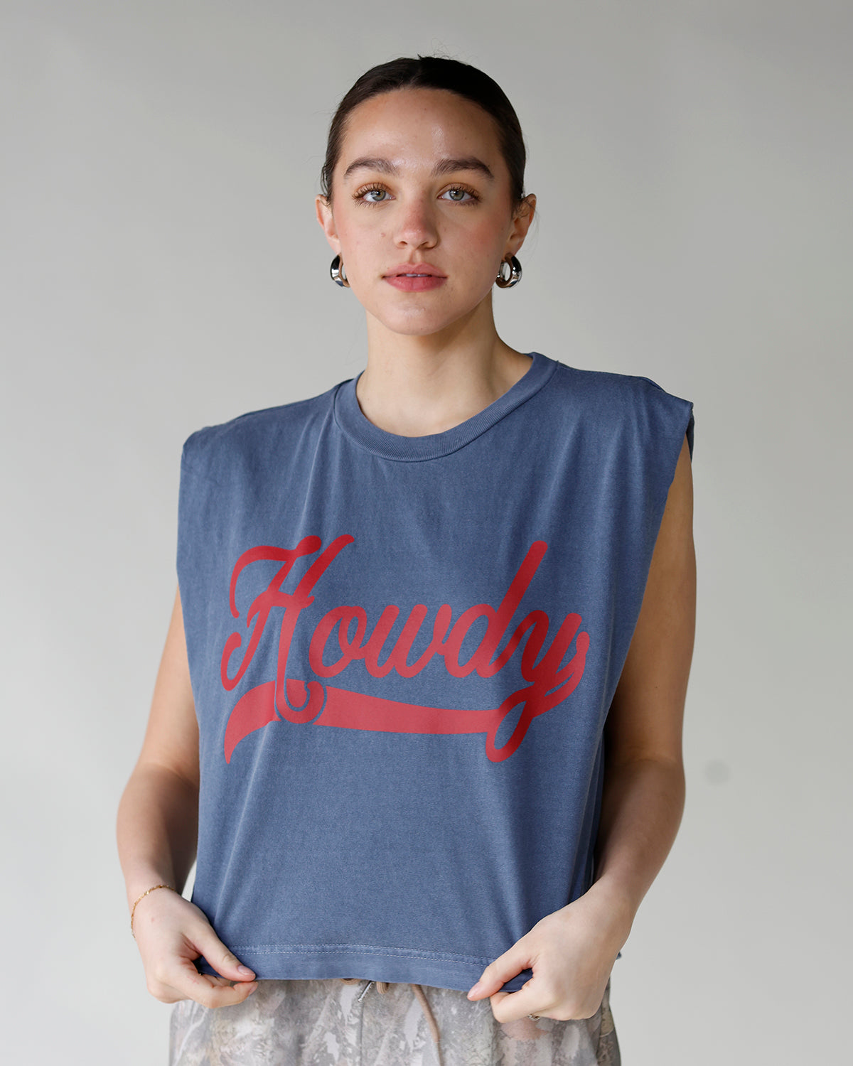 "howdy" red and blue muscle tee women's muscle tee top