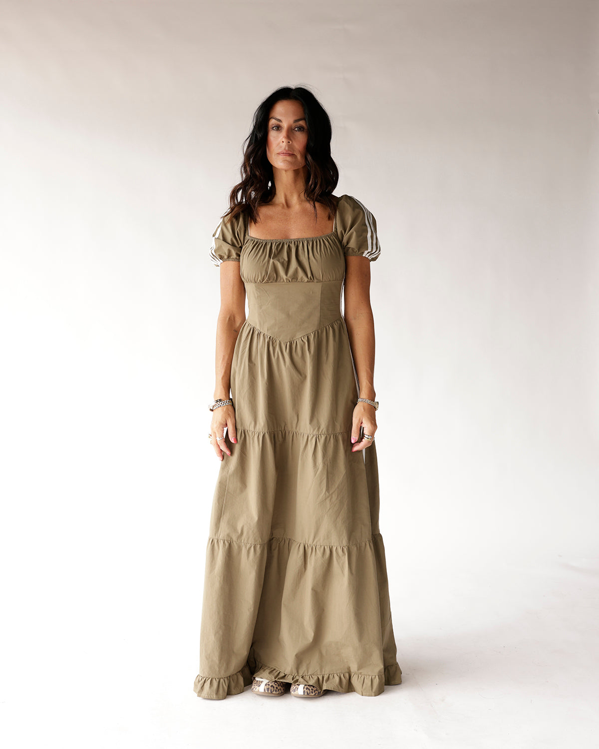 Olive green puff sleeve tiered maxi dress with square neckline and ruffle hem