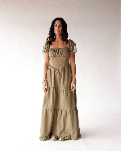 Olive green puff sleeve tiered maxi dress with square neckline and ruffle hem
