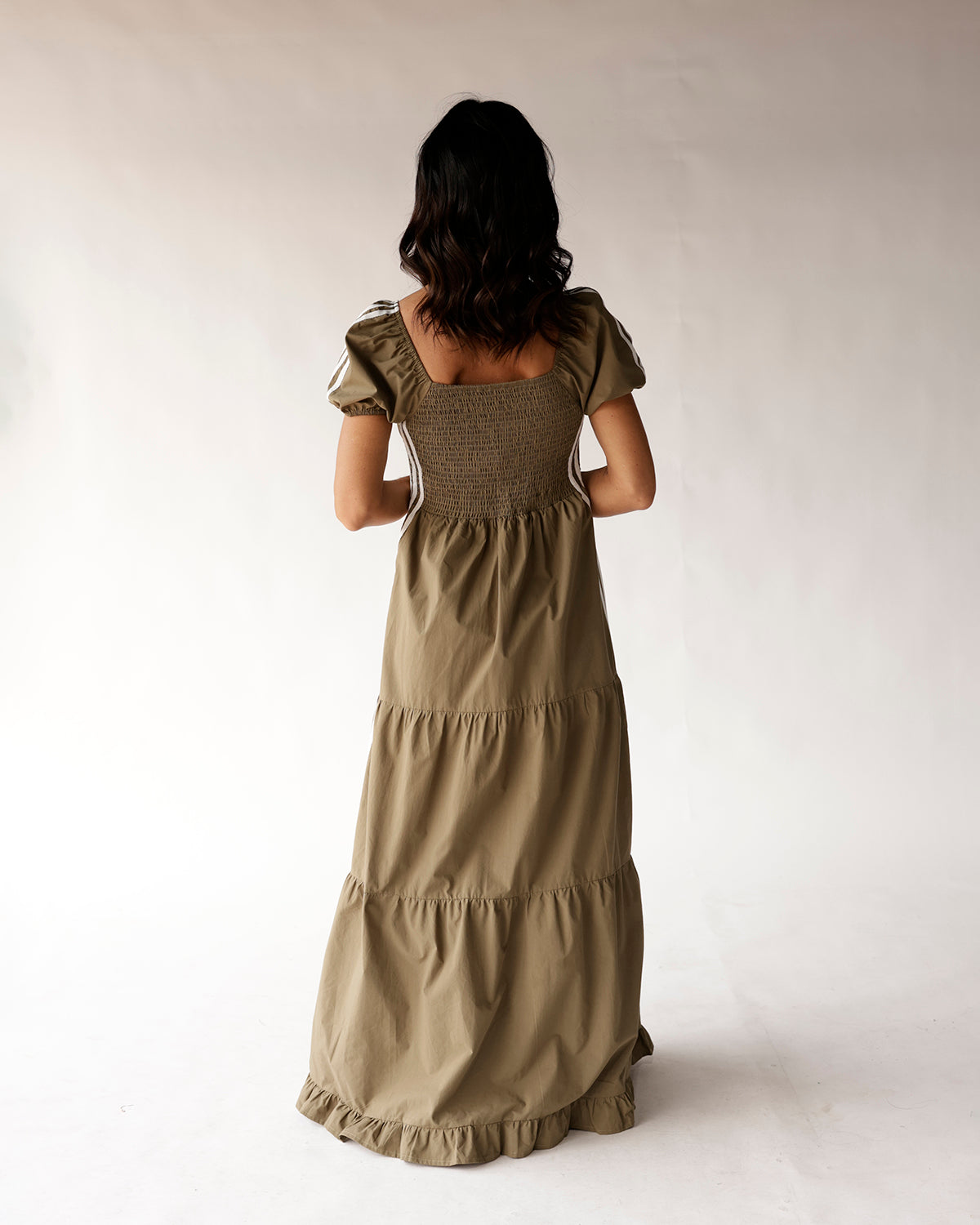 Olive green tiered maxi dress with smocked bodice, puff sleeves, and ruffle hem