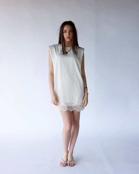 ivory shoulder padded mini dress with lace detail hem ivory sleeveless mini dress women