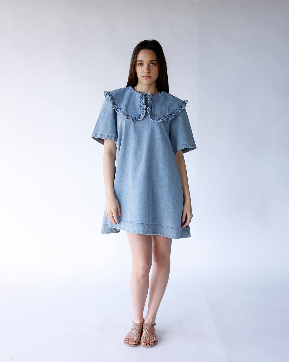denim blue peter pan collared mini dress a line denim light blue mini dress with peter pan ruffle collar