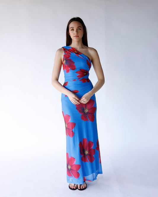 blue floral one-shoulder maxi dress women blue and pink floral print one shoulder neckline maxi dress