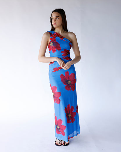 AZURE BLOOM ONE SHOULDER MAXI DRESS