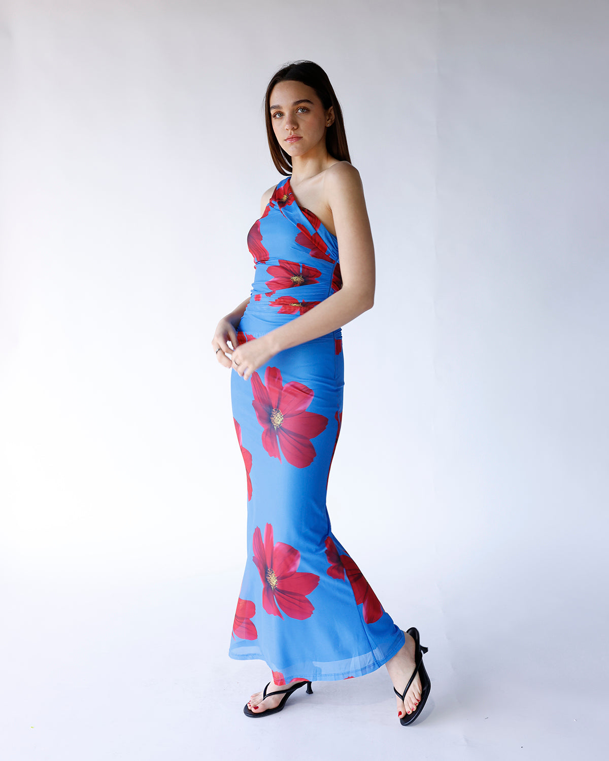 AZURE BLOOM ONE SHOULDER MAXI DRESS