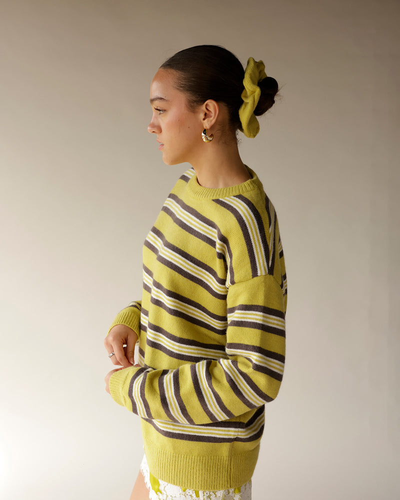 Yellow striped knit sweater with brown and white stripes, relaxed fit, crew neck