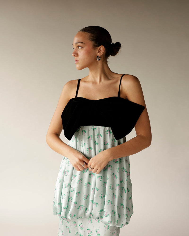 Black velvet bodice floral mint bubble hem midi dress with spaghetti straps