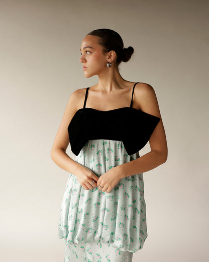 Black velvet bodice floral mint bubble hem midi dress with spaghetti straps