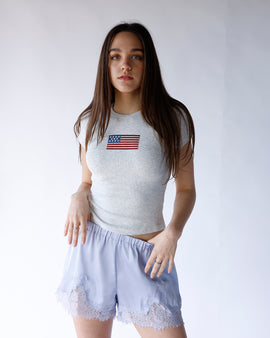 lace trim shorts light baby blue elastic waist pull on lace hem detail shorts women