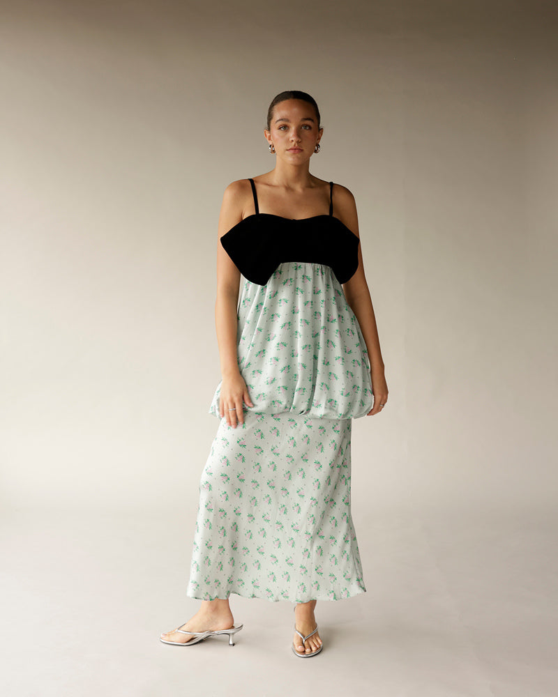 Maude Charlotte dress with black velvet bodice and mint green floral maxi skirt