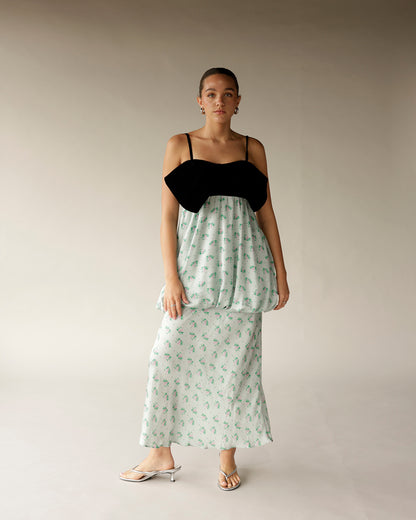 Maude Charlotte dress with black velvet bodice and mint green floral maxi skirt