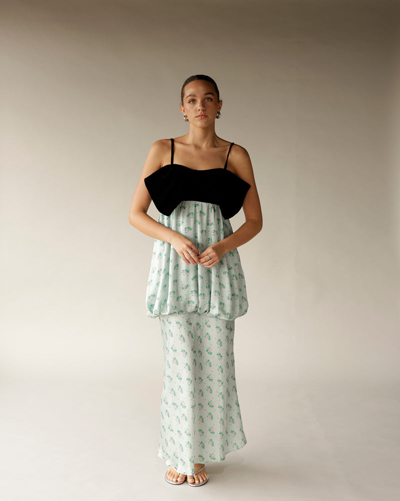 Mint floral maxi dress with black velvet bow bodice and spaghetti straps
