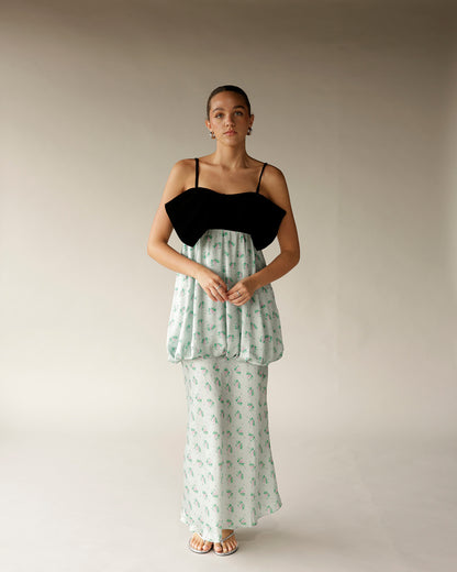 Mint floral maxi dress with black velvet bow bodice and spaghetti straps