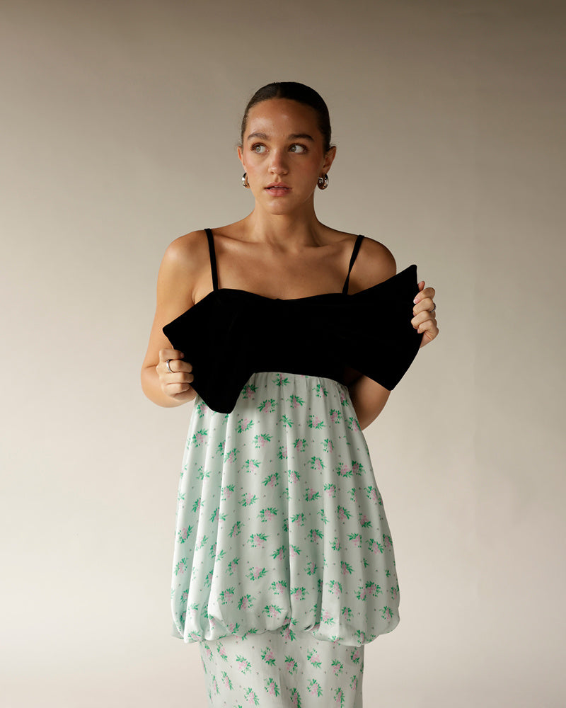 Black bodice floral mint green spaghetti strap dress with gathered skirt