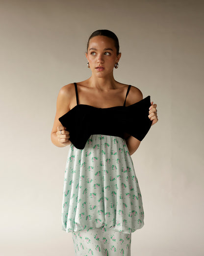 Black bodice floral mint green spaghetti strap dress with gathered skirt