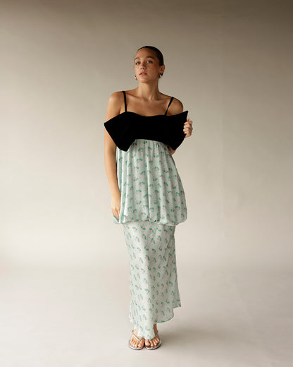 Black spaghetti strap top with mint green floral maxi skirt two-piece dress set