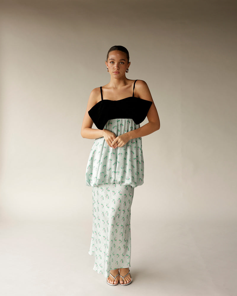 Black velvet bodice floral mint maxi dress with spaghetti straps and flowy skirt