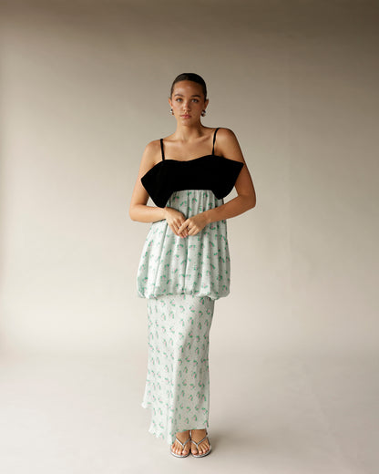 Black velvet bodice floral mint maxi dress with spaghetti straps and flowy skirt