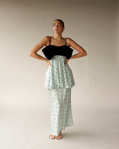 Black spaghetti strap top with white green floral bubble peplum maxi dress