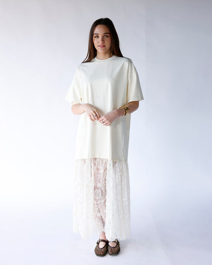 ivory tshirt style maxi dress sheer lace bottom sheer lace bottom t-shirt maxi dress ivory sheer bottom maxi dress