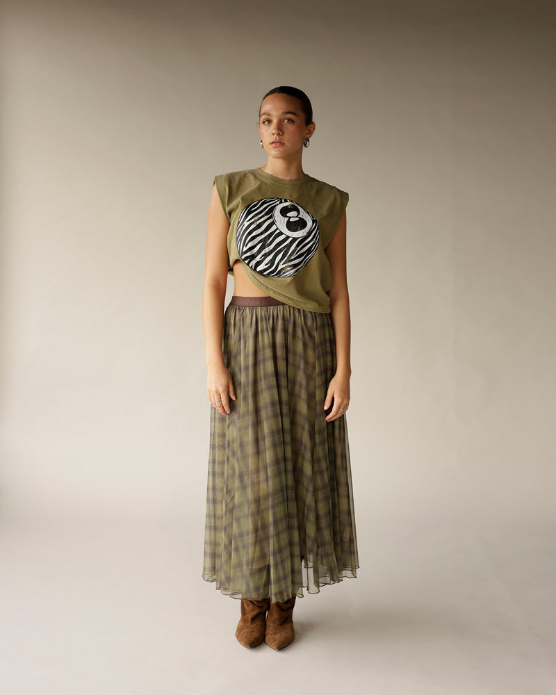 Olive green plaid organza maxi skirt with sheer overlay and brown waistband