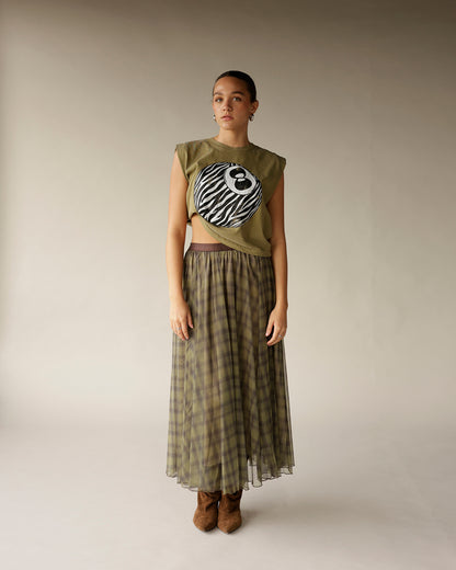 Olive green plaid organza maxi skirt with sheer overlay and brown waistband