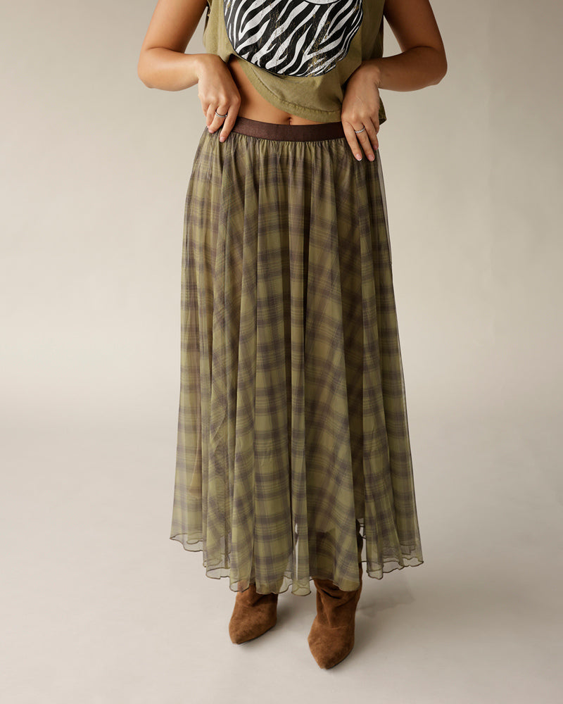 Olive green plaid organza maxi skirt with brown elastic waistband, flowing silhouette