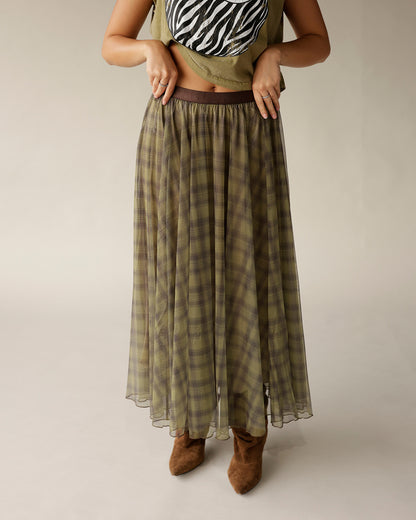 Olive green plaid organza maxi skirt with brown elastic waistband, flowing silhouette