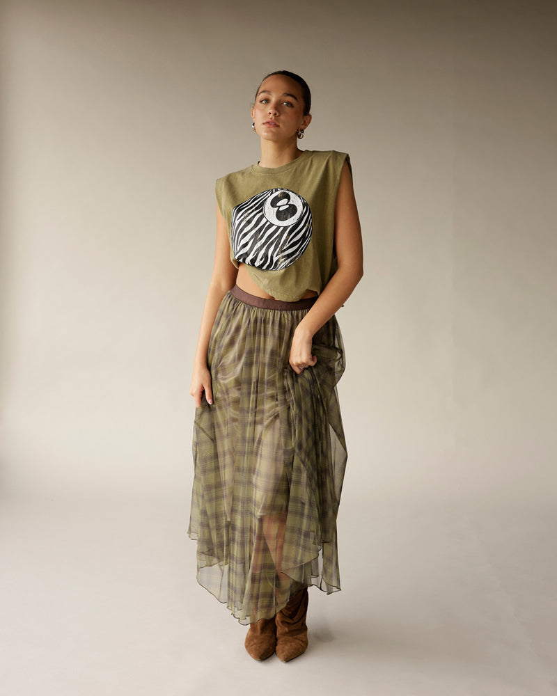 Olive green plaid organza maxi skirt with sheer overlay and brown waistband
