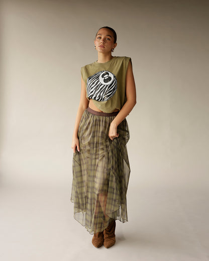 Olive green plaid organza maxi skirt with sheer overlay and brown waistband