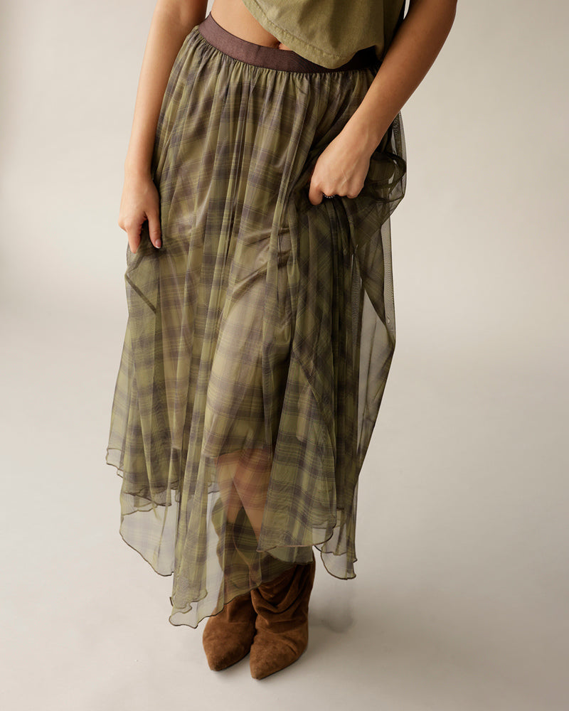 Olive green plaid sheer organza maxi skirt with brown waistband and flowing layers