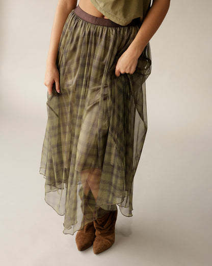 Olive green plaid sheer organza maxi skirt with brown waistband and flowing layers