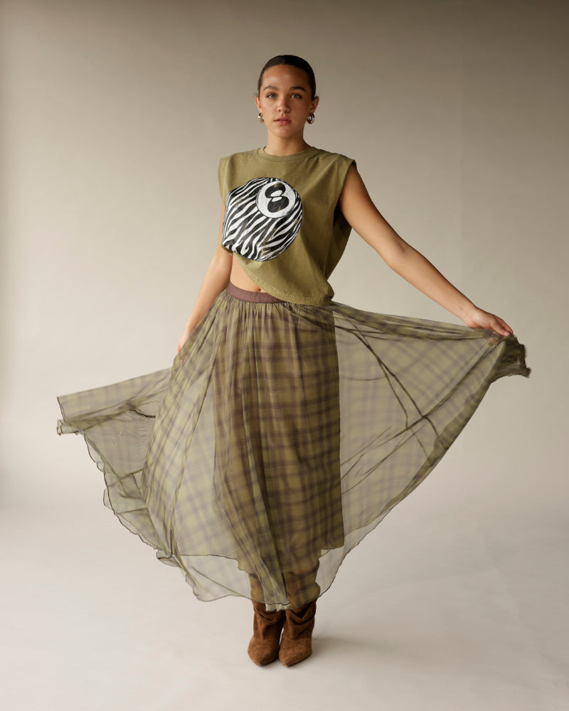 Olive green plaid organza maxi skirt with sheer overlay, flowing silhouette