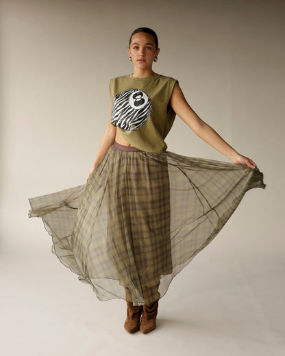 Olive green plaid organza maxi skirt with sheer overlay, flowing silhouette