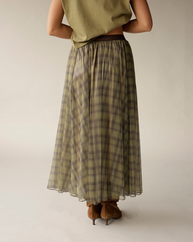 Olive green plaid organza maxi skirt with elastic waist, flowing A-line silhouette