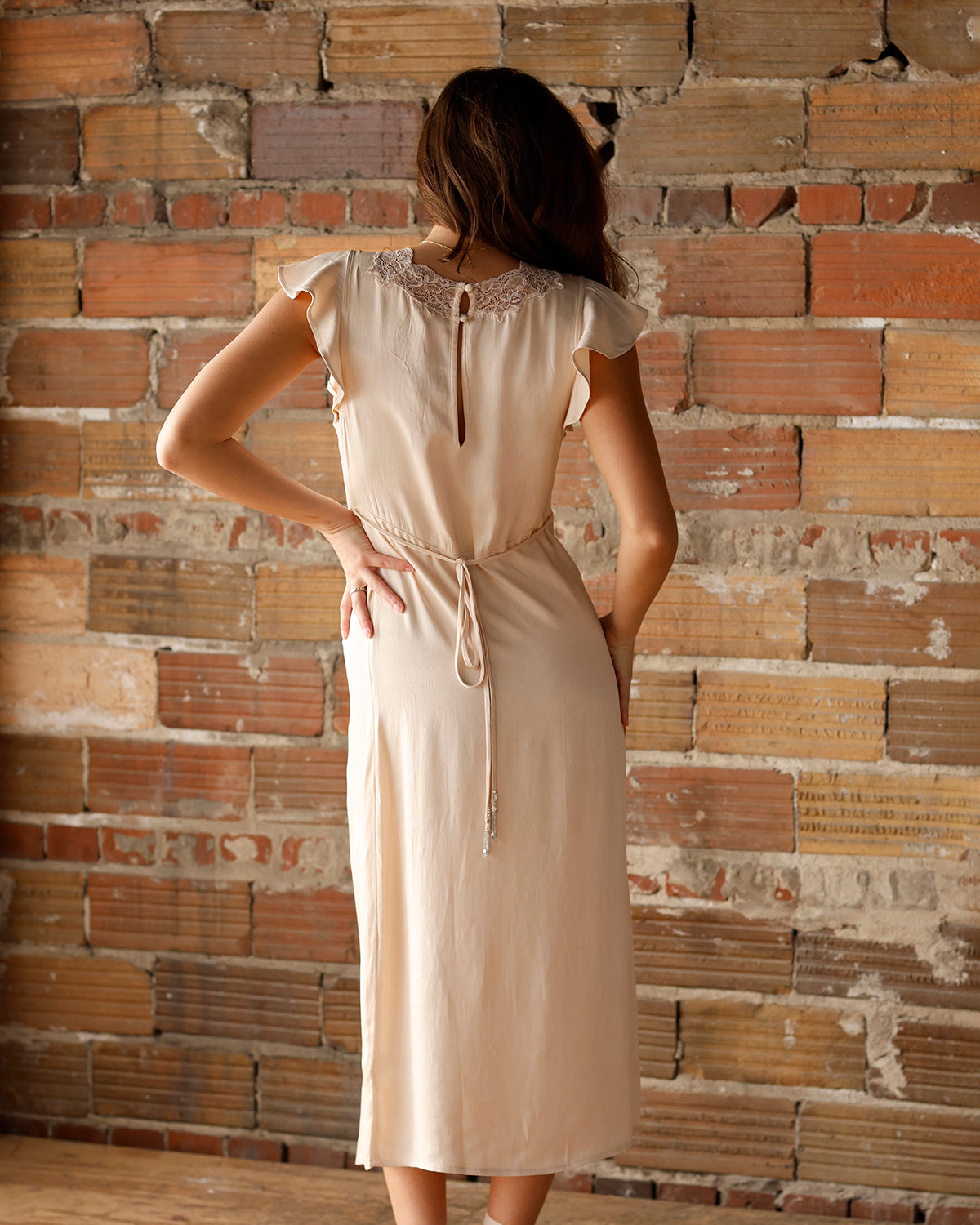 FREE PEOPLE TIED WITH JOY MIDI DRESS IN PASTEL ROSE TAN