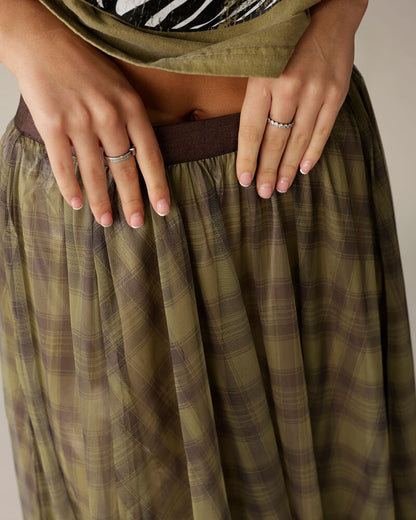 Olive green plaid organza maxi skirt with dark brown elastic waistband, gathered silhouette