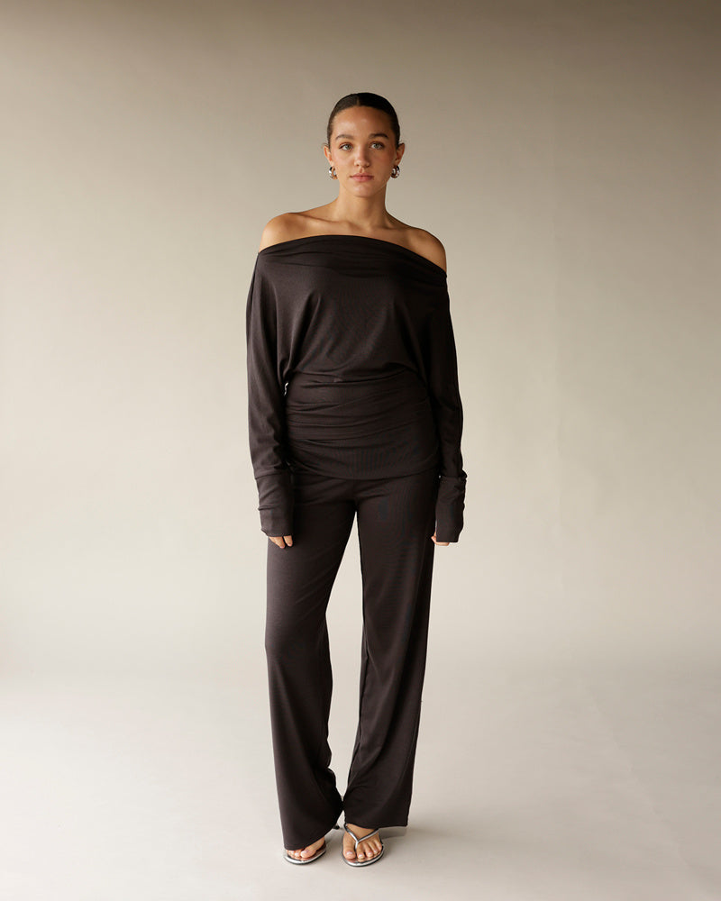 Dark brown off-shoulder long sleeve top with ruched waist detail