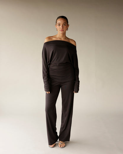 Dark brown off-shoulder long sleeve top with ruched waist detail