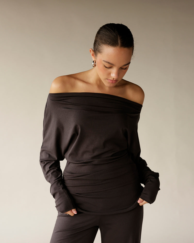 Dark brown off-shoulder long sleeve top with ruched waist detail