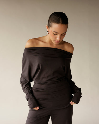 Dark brown off-shoulder long sleeve top with ruched waist detail