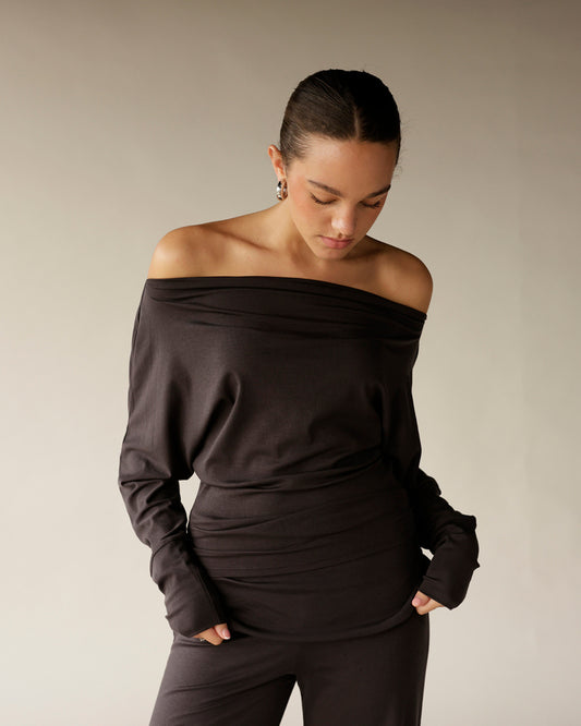 Dark brown off-shoulder long sleeve top with ruched waist detail