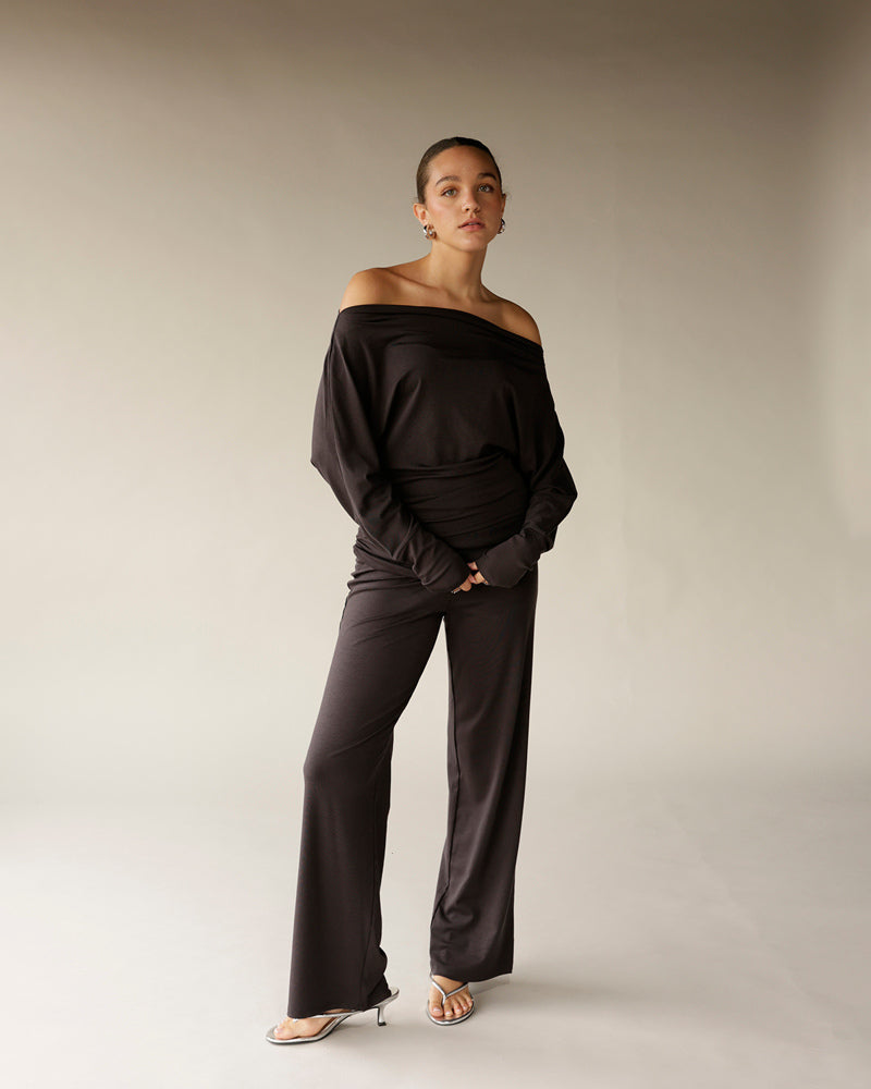 Dark brown off-shoulder long sleeve top with wide-leg pants set
